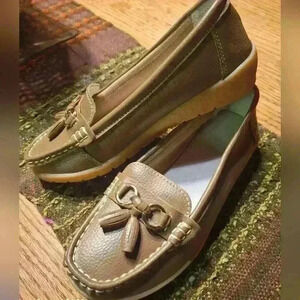 Women Loafers Leather Rubber Sole Slip On Walking Flats Casual Moccasin Boat...
